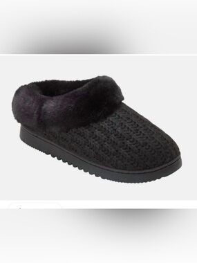 dearfoams Black Knit Faux-Fur Cuff Slip-On Slippers sizes 5-6